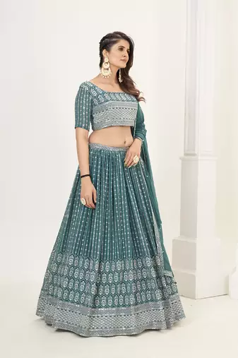 Teal Blue Georgette  Semi Stitched Lehenga and Unstitch Blouse with Dupatta