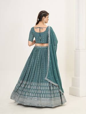 Teal Blue Georgette  Semi Stitched Lehenga and Unstitch Blouse with Dupatta 4