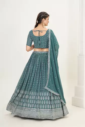 Teal Blue Georgette  Semi Stitched Lehenga and Unstitch Blouse with Dupatta