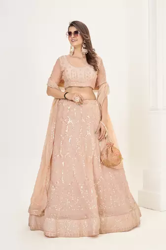 Peach Georgette  Semi Stitched Lehenga and Unstitch Blouse with Dupatta