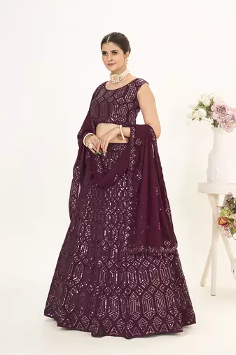 Wine Georgette  Semi Stitched Lehenga and Unstitch Blouse with Dupatta