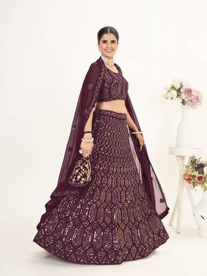 Wine Georgette  Semi Stitched Lehenga and Unstitch Blouse with Dupatta 3