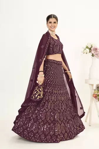 Wine Georgette  Semi Stitched Lehenga and Unstitch Blouse with Dupatta