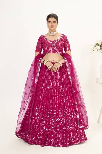 Rani Pink Georgette Semi Stitched Lehenga and Unstitch Blouse with Dupatta