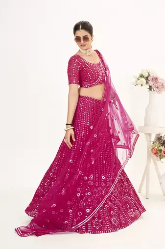 Rani Pink Georgette Semi Stitched Lehenga and Unstitch Blouse with Dupatta