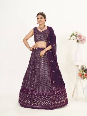 Wine Georgette  Semi Stitched Lehenga and Unstitch Blouse with Dupatta 1