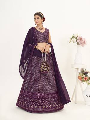 Wine Georgette  Semi Stitched Lehenga and Unstitch Blouse with Dupatta 2