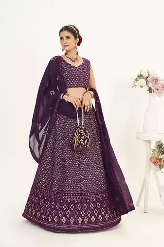 Wine Georgette  Semi Stitched Lehenga and Unstitch Blouse with Dupatta