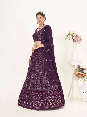 Wine Georgette  Semi Stitched Lehenga and Unstitch Blouse with Dupatta 3
