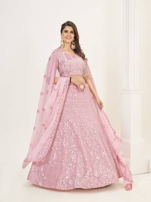 Baby Pink Georgette  Semi Stitched Lehenga and Unstitch Blouse with Dupatta 1