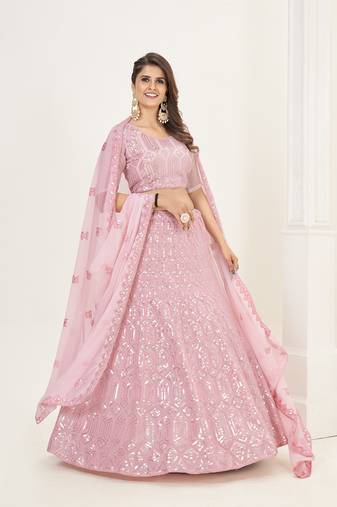 Baby Pink Georgette  Semi Stitched Lehenga and Unstitch Blouse with Dupatta