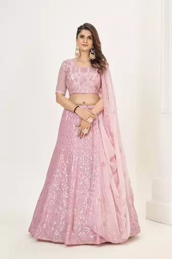 Baby Pink Georgette  Semi Stitched Lehenga and Unstitch Blouse with Dupatta