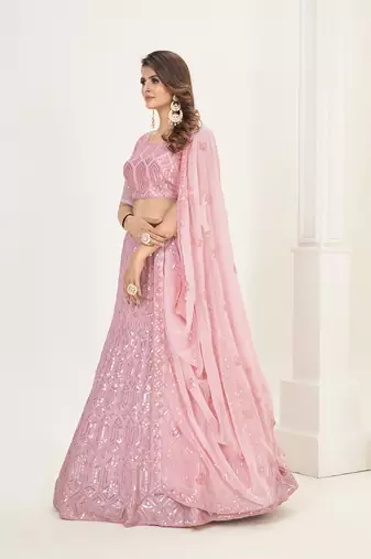 Baby Pink Georgette  Semi Stitched Lehenga and Unstitch Blouse with Dupatta