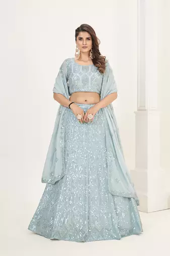 Sky Blue Georgette  Semi Stitched Lehenga and Unstitch Blouse with Dupatta