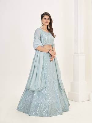 Sky Blue Georgette  Semi Stitched Lehenga and Unstitch Blouse with Dupatta 3