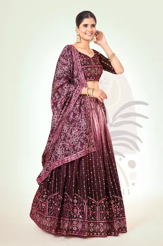 Burgundy Silk  Semi Stitched Lehenga and Unstitch Blouse with Dupatta