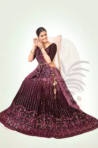 Burgundy Silk  Semi Stitched Lehenga and Unstitch Blouse with Dupatta