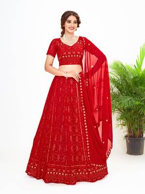 Red Georgette  Semi Stitched Lehenga and Unstitch Blouse with Dupatta 1
