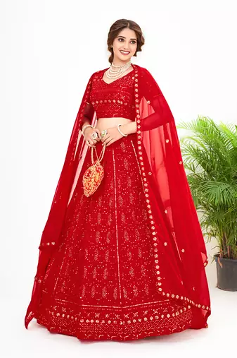 Red Georgette  Semi Stitched Lehenga and Unstitch Blouse with Dupatta