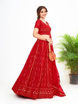 Red Georgette  Semi Stitched Lehenga and Unstitch Blouse with Dupatta 3
