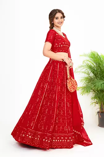 Red Georgette  Semi Stitched Lehenga and Unstitch Blouse with Dupatta
