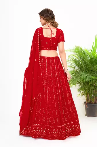 Red Georgette  Semi Stitched Lehenga and Unstitch Blouse with Dupatta