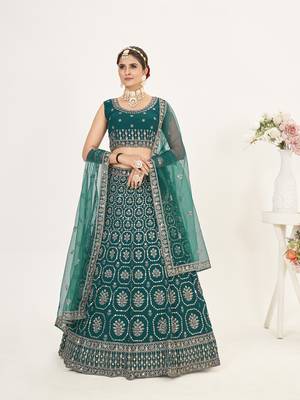 Rama Green Net  Semi Stitched Lehenga and Unstitch Blouse with Dupatta 1