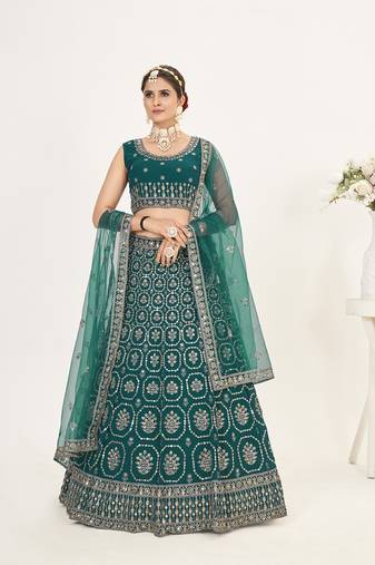 Rama Green Net  Semi Stitched Lehenga and Unstitch Blouse with Dupatta
