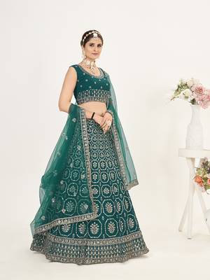 Rama Green Net  Semi Stitched Lehenga and Unstitch Blouse with Dupatta 2
