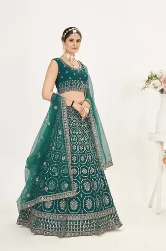 Rama Green Net  Semi Stitched Lehenga and Unstitch Blouse with Dupatta