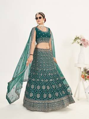 Rama Green Net  Semi Stitched Lehenga and Unstitch Blouse with Dupatta 3
