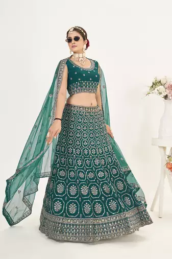Rama Green Net  Semi Stitched Lehenga and Unstitch Blouse with Dupatta
