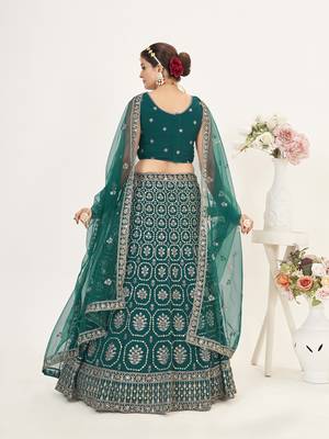 Rama Green Net  Semi Stitched Lehenga and Unstitch Blouse with Dupatta 4