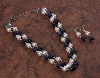 Purple Silver Yellow Silver Plated Beaded Jewellery Necklace Set 3