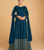 Teal Blue Embroidered Georgette Stitched Anarkali Suit Free size full stitched Up To 42" Size