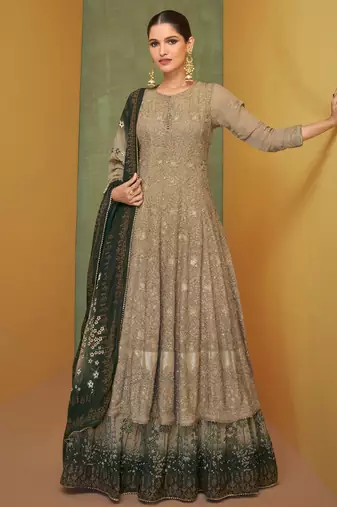 Fawn Embroidered Georgette Stitched Anarkali Suit Up To 42" Size