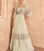 Off White Embroidered Chinnon Stitched Suit With Jacket (Size Upto 42)