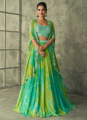 Green Embroidered Faux Georgette Flared  Choli With Jacket 1