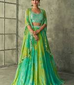 Green Embroidered Faux Georgette Flared  Choli With Jacket