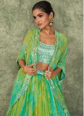 Green Embroidered Faux Georgette Flared  Choli With Jacket 2
