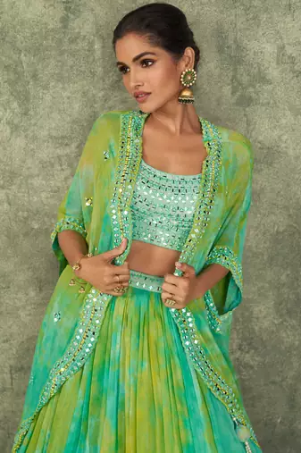 Green Embroidered Faux Georgette Flared  Choli With Jacket