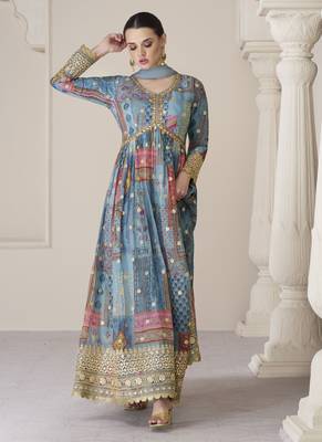 Blue Embroidered Organza Silk Stitched Suit (Size Upto 42) Free size full stitched Up To 42" Size 1