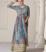 Blue Embroidered Organza Silk Stitched Suit (Size Upto 42) Free size full stitched Up To 42" Size