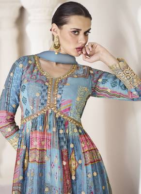 Blue Embroidered Organza Silk Stitched Suit (Size Upto 42) Free size full stitched Up To 42" Size 2