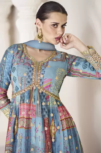 Blue Embroidered Organza Silk Stitched Suit (Size Upto 42) Free size full stitched Up To 42" Size