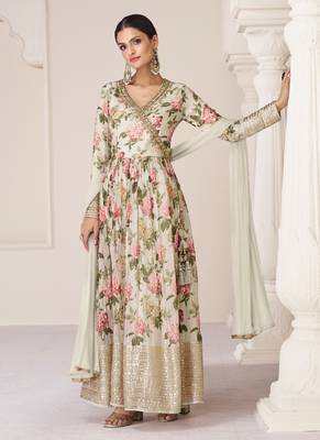 Cream Organza Floral Printed Salwar Suit - Semi-Stitched 1