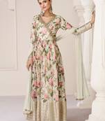 Cream Organza Floral Printed Salwar Suit - Semi-Stitched