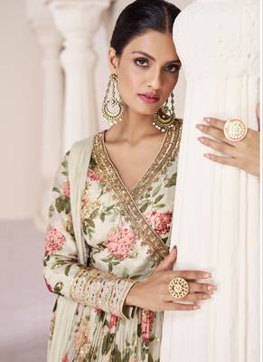 Cream Organza Floral Printed Salwar Suit - Semi-Stitched 2