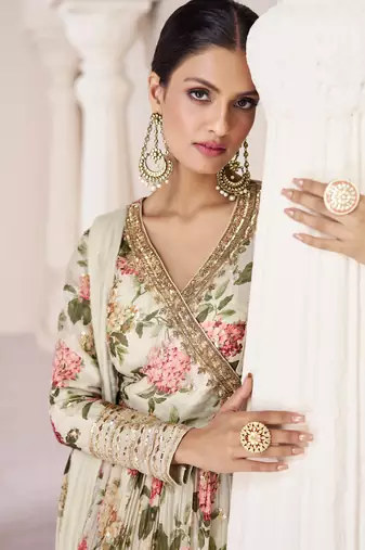 Cream Organza Floral Printed Salwar Suit - Semi-Stitched