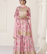 Pink Embroidered Organza Silk Stitched Sharara Suit (Size Upto 42) Free size full stitched Up To 42" Size